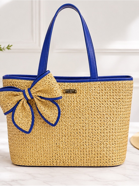 kate spade Handbags - Kate Spade New York Straw Woven Tote Bag Blue Leather Trim Bow Accent